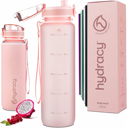 Hydracy Water Bottle with Time Marker - Large 1 Liter 32 Oz BPA Free Water Bottle -Leak Proof & No Sweat Gym Bottle with Fruit Infuser Strainer -Ideal Gift for Fitness or Sports & Outdoors - Rose Gold